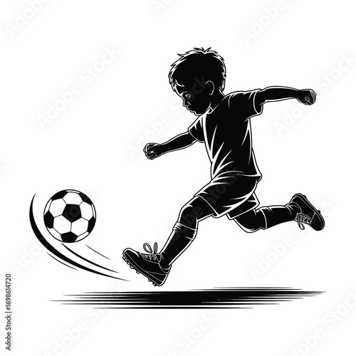 Dynamic Silhouette of a Boy Kicking a Soccer Ball with Great Energy