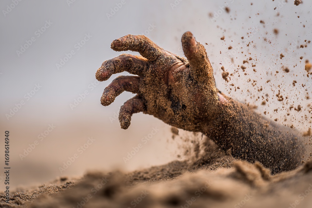 Fototapeta premium Close-up of a hand emerging from sand, highlighting skin texture, dust particles, and dynamic movement, with a blurred background emphasizing powerful action