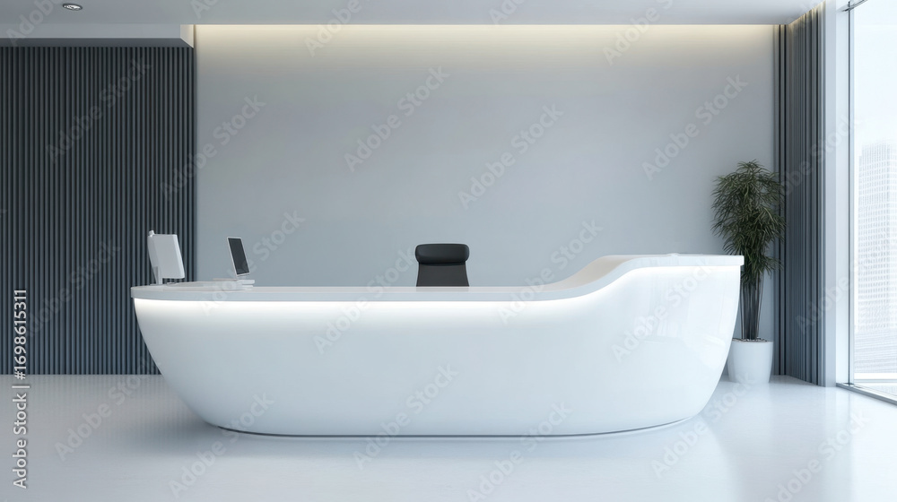 Fototapeta premium Dental Clinic Reception counter mockup welcome front entrance Modern style interior registration dentist copy space desk indoor decoration design front view