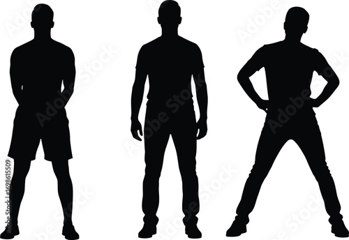 Black silhouette standing male figures in different postures, vector illustration for fashion design, sports stance, business concept, and body posture reference