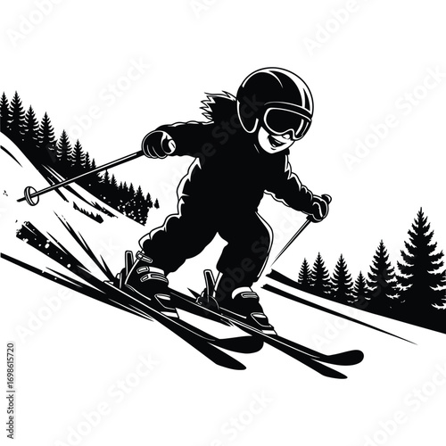 Energetic Skier Carving Through Snowy Mountainside Surrounded by Tall Evergreen Trees Illustration