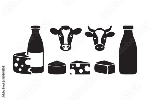 Black and white icons of dairy products and cows