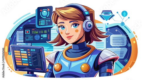 Close-up portrait of female robotics trainer demonstrating a coding task. White background highlights guidance, knowledge, and technological literacy.