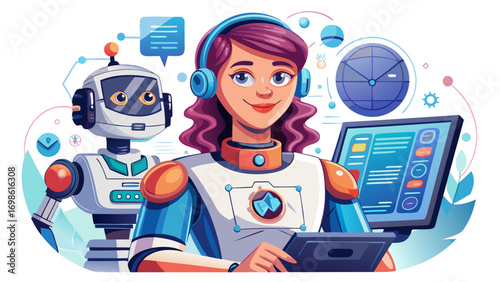Close-up portrait of female robotics trainer demonstrating a coding task. White background highlights guidance, knowledge, and technological literacy.