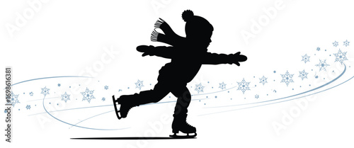Silhouette of Child Ice Skating among Snowflakes Winter Fun