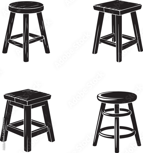 Wooden Stool Icon silhouette set vector illustration isolated on transparent background