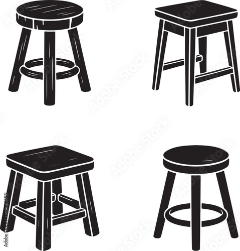 Wooden Stool Icon silhouette set vector illustration isolated on transparent background