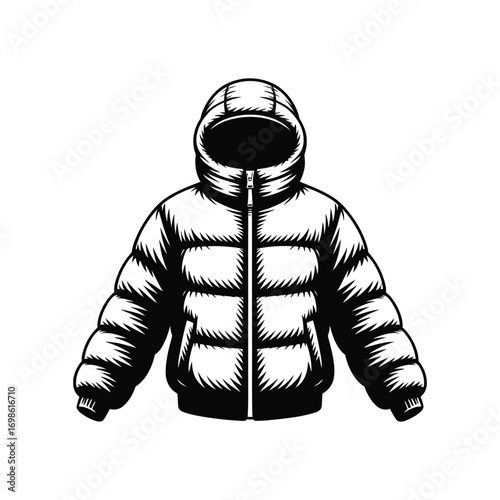 Simple monochrome illustration of hooded winter jacket for cold weather climates