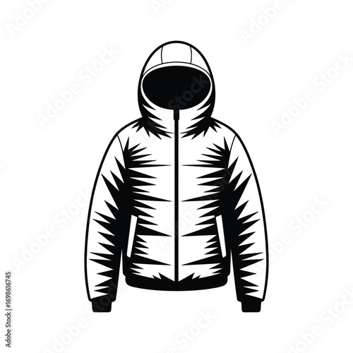 Black and white illustration of hooded winter jacket designed for cold weather