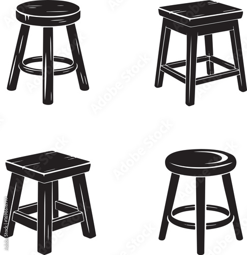 Wooden Stool Icon silhouette set vector illustration isolated on transparent background