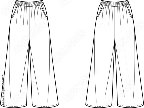 Wide-leg elastic waist pants with front pockets, casual loose-fit trousers flat sketch, front and back view fashion illustration