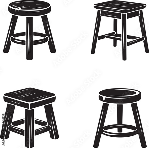 Wooden Stool Icon silhouette set vector illustration isolated on transparent background