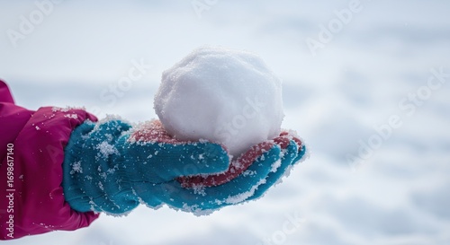 A gloved hand holds a perfect snowball against a snowy backdrop