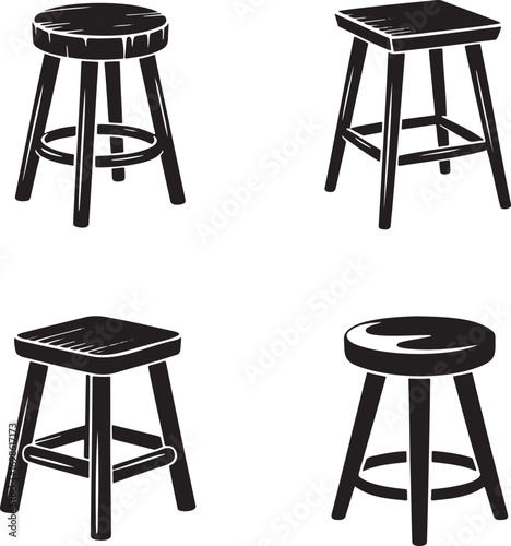 Wooden Stool Icon silhouette set vector illustration isolated on transparent background