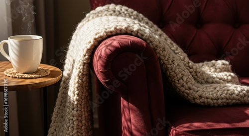 A steaming mug sits on a table next to a red armchair draped with a chunky knit blanket