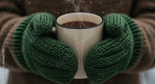 A steaming mug held in two green mittens set against a blurry brown sweater