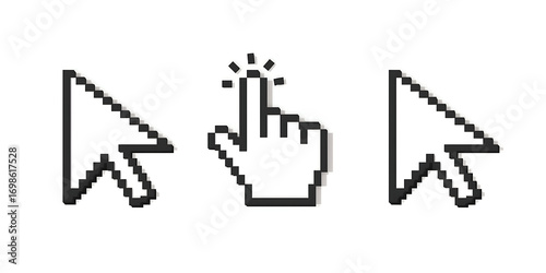 Three 3D pixel-art style mouse cursors arrow, pointing hand, inverted arrow are depicted in black and white with blocky edges and thick black outlines, aligned horizontally on a white background.