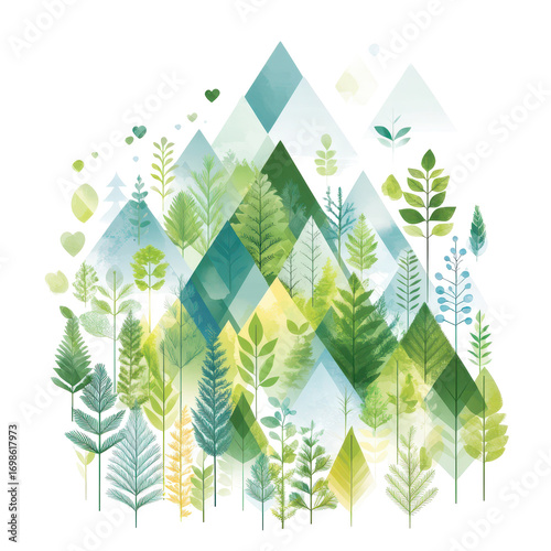 Abstract watercolor forest illustration with layered trees and geometric mountain shapes.