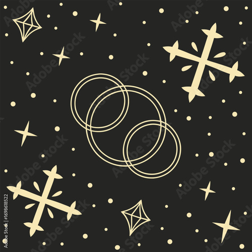 Celestial Symbols and Stars on Dark Background abstract