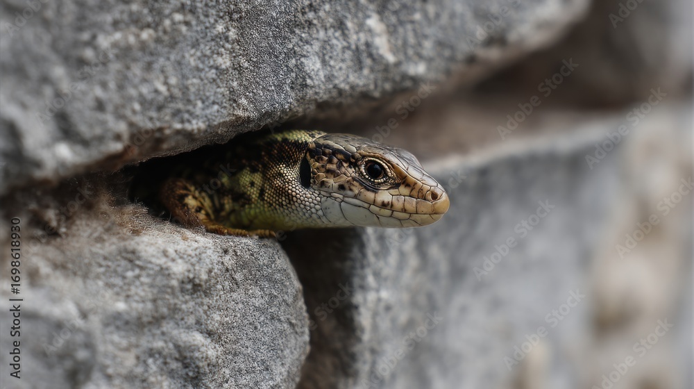 Naklejka premium Lizard peeking from stone crevice