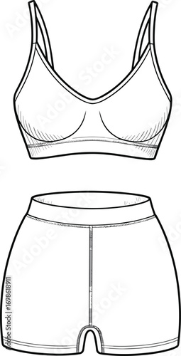 Women’s activewear set flat sketch with strappy sports bra and high-waisted shorts, fashion technical drawing for fitness apparel design