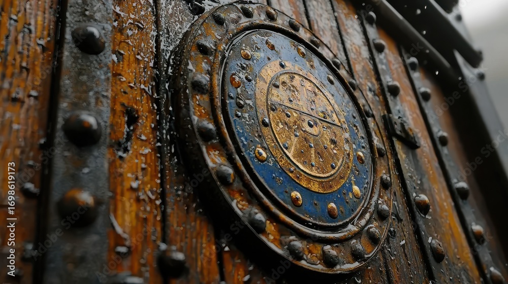 Fototapeta premium Railway insignia heritage train emblem PHI&EM shield badge on weathered locomotive side with warm sunset light vintage railroad transportation classic railroading