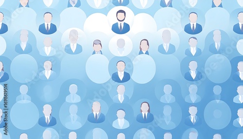 Abstract graphic of numerous stylized business people in light blue circles
