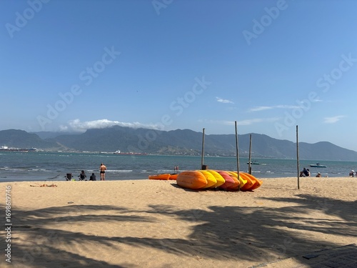 Kayaks in Pereque Beach in Ilhabela, Sao Paulo, Brazil.