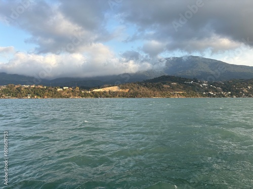 Ilhabela island panoramic view from ferryboat, Brazil.