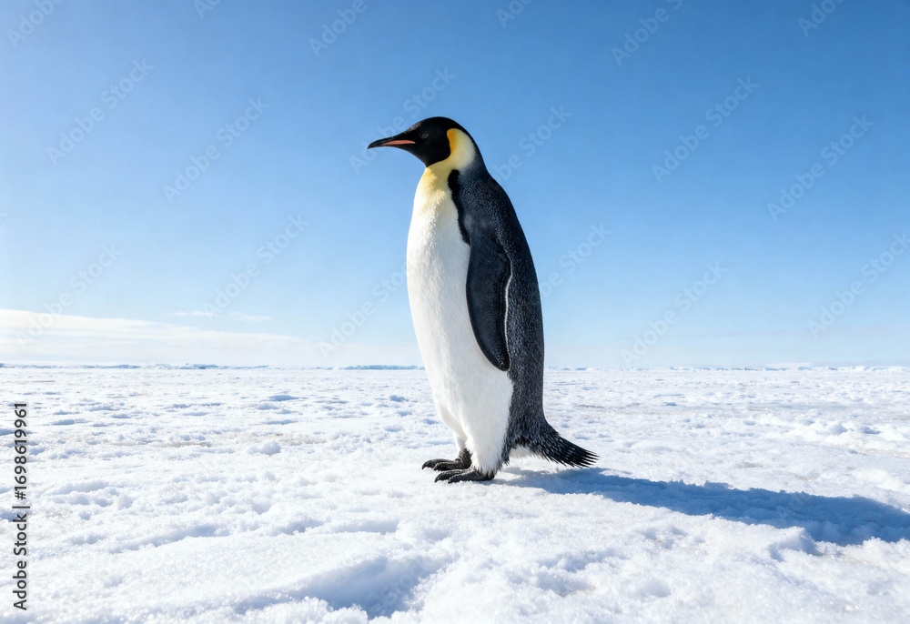 Fototapeta premium Emperor penguin standing on icy landscape in Antarctica under clear blue sky during daytime, displaying natural behavior in cold polar habitat