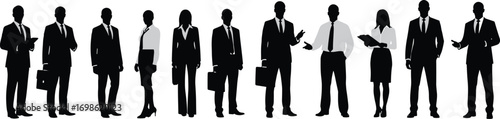 Business professionals silhouettes in formal attire with briefcases and devices, representing teamwork, corporate communication, leadership, and workplace diversity for design projects