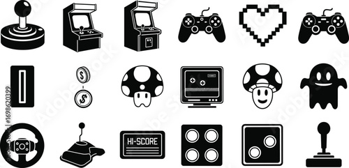 Retro gaming icons, joystick, arcade machine, game controller, pixel heart, gaming console, mushroom power-up, ghost character, video game symbols