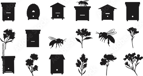 Silhouettes of bee hives, bees, flowers, honeycomb, pollination, beekeeping equipment, nature, insects, garden plants, honey production, environmental conservation