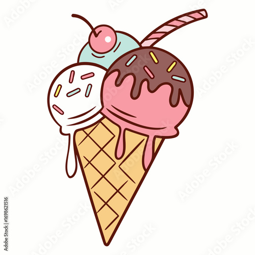 Scoop Ice Cream Cone with Cherry and Sprinkles Vector Illustration 