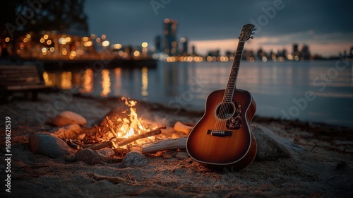 Wallpaper Mural Guitar resting near a campfire on the beach at sunset with city skyline in the background Torontodigital.ca