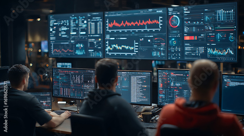 digital workplace IT professionals team monitoring network performance on screens ensuring cyber security reliable operations system uptime and modern business technology