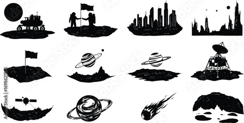 Space exploration silhouettes, lunar rover, astronauts on moon, futuristic cityscape, planets, satellite, space probe, meteor, cosmic landscape, moon surface