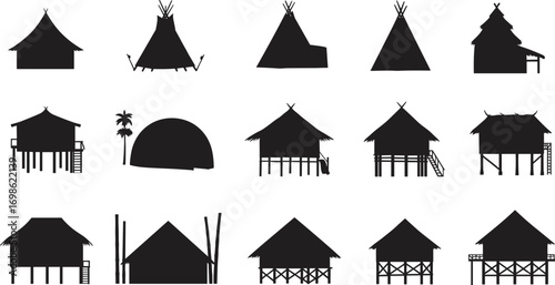 Traditional hut silhouettes, tribal houses, teepee tents, wooden stilt houses, indigenous architecture, rural homes, thatched roofs, cultural dwellings, nature living, village scene, primitive shelter