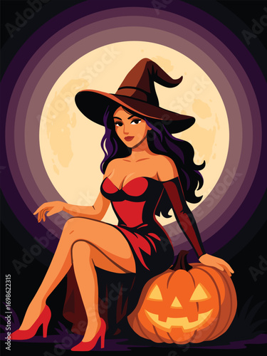 Flat vector illustration of a seductive witch in a red and black dress sitting on a glowing jack-o’-lantern under a full moon, surrounded by a dark spooky Halloween atmosphere