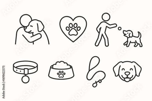 Dog Care and Pet Love Line Icons Set – Veterinary, Walking, Training, Adoption, Paw and Animal Shelter Symbols