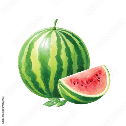 Fresh Whole Watermelon and a Sliced Piece with Green Leaves.