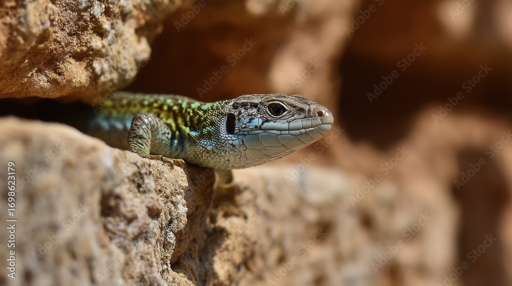 Fototapeta premium Lizard on stone wall closeup