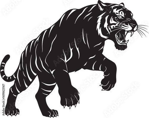 A black silhouette of a tiger leaping with an open mouth and visible teeth on a white background