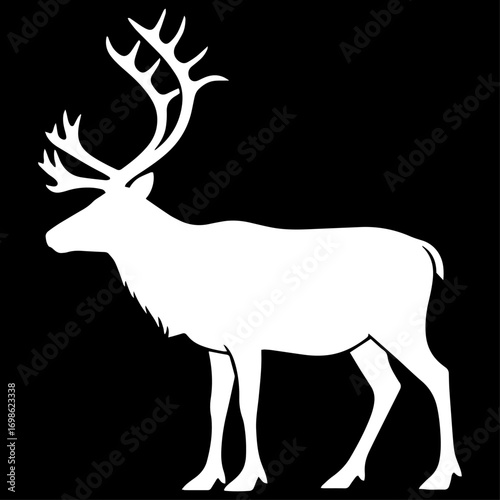 Flat black silhouette of a reindeer, minimal style, white background.
