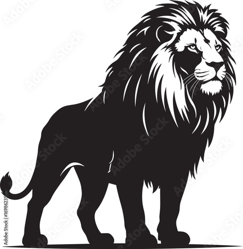 A majestic lion standing tall with a full mane in a striking black and white vector illustration