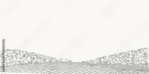 Stylized black and white sketch of rolling cultivated fields bordered by textured hills under a vast white sky