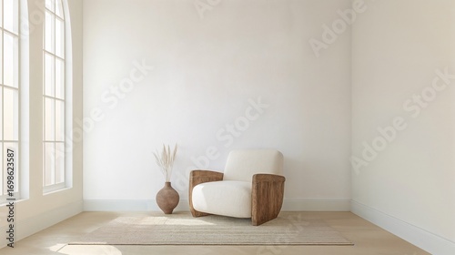 Empty contemporary interior design scene with a blank wall and a wooden armrests and white cushions chair