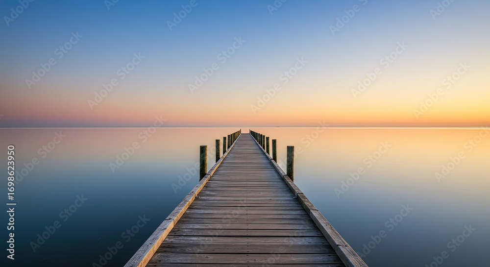 Obraz premium Wooden pier extends into calm ocean waters
