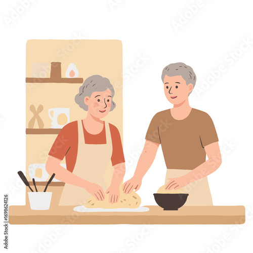 Elderly woman teaching baking. Senior lady showing how to bake bread. Older woman giving cooking lesson. Retired woman guiding baking process. Elderly set