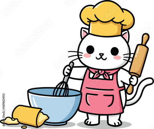 A cartoon white cat wearing a chef hat and apron holding a rolling pin and whisk near a bowl and dough